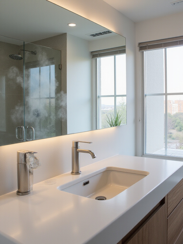 Modern bathroom featuring a clear anti-fog mirror above a vanity, contrasting with the steam from a shower in the background.