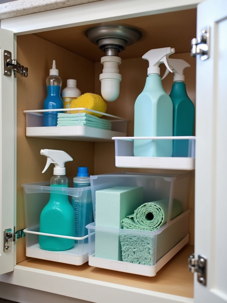 Organized under-sink cabinet with sliding organizer, bins, and hanging spray bottles.