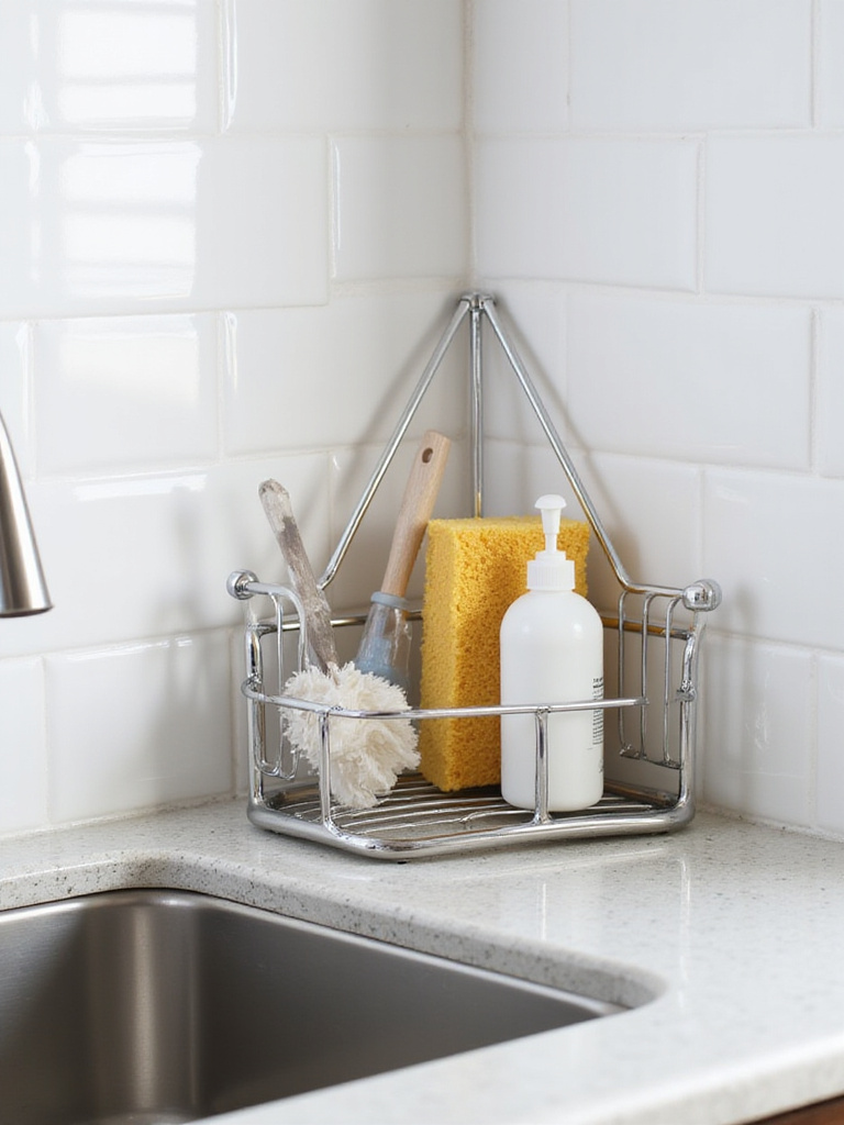 Stainless steel corner sink organizer with sponge, scrub brush, and dish soap on granite countertop.