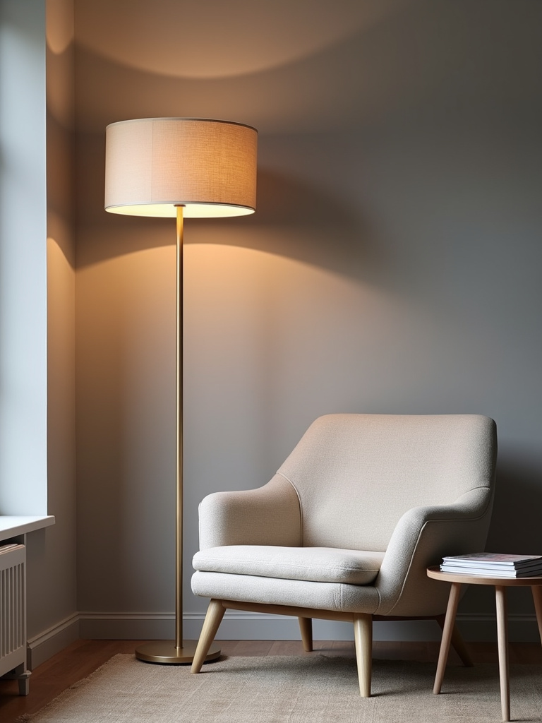 Modern living room corner with floor lamp lighting