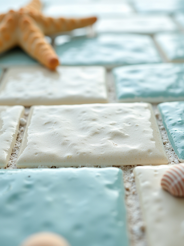 Coastal bathroom tiles with sand-colored, seafoam green, and sky blue grout lines.