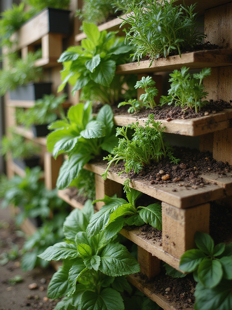 Close-up of a thriving vertical herb and vegetable garden on repurposed wooden pallets.