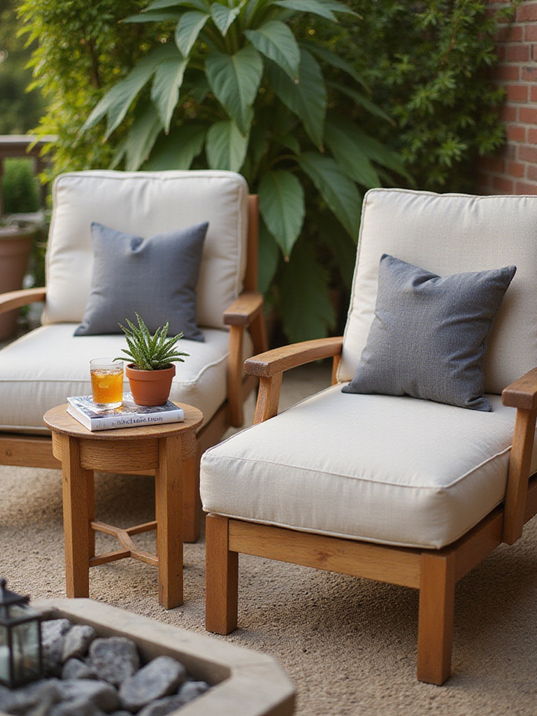 Patio with lounge chairs and side tables holding drinks and decor.