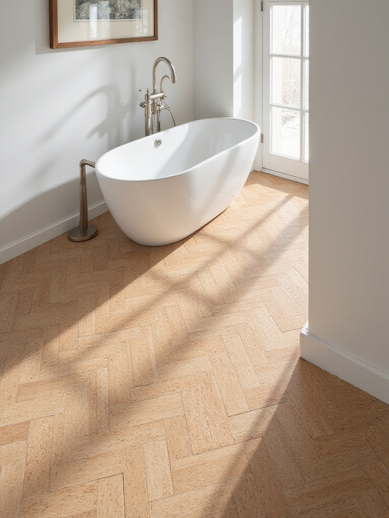 Bathroom floor featuring light brown cork tiles in a herringbone pattern for a warm and eco-friendly design.