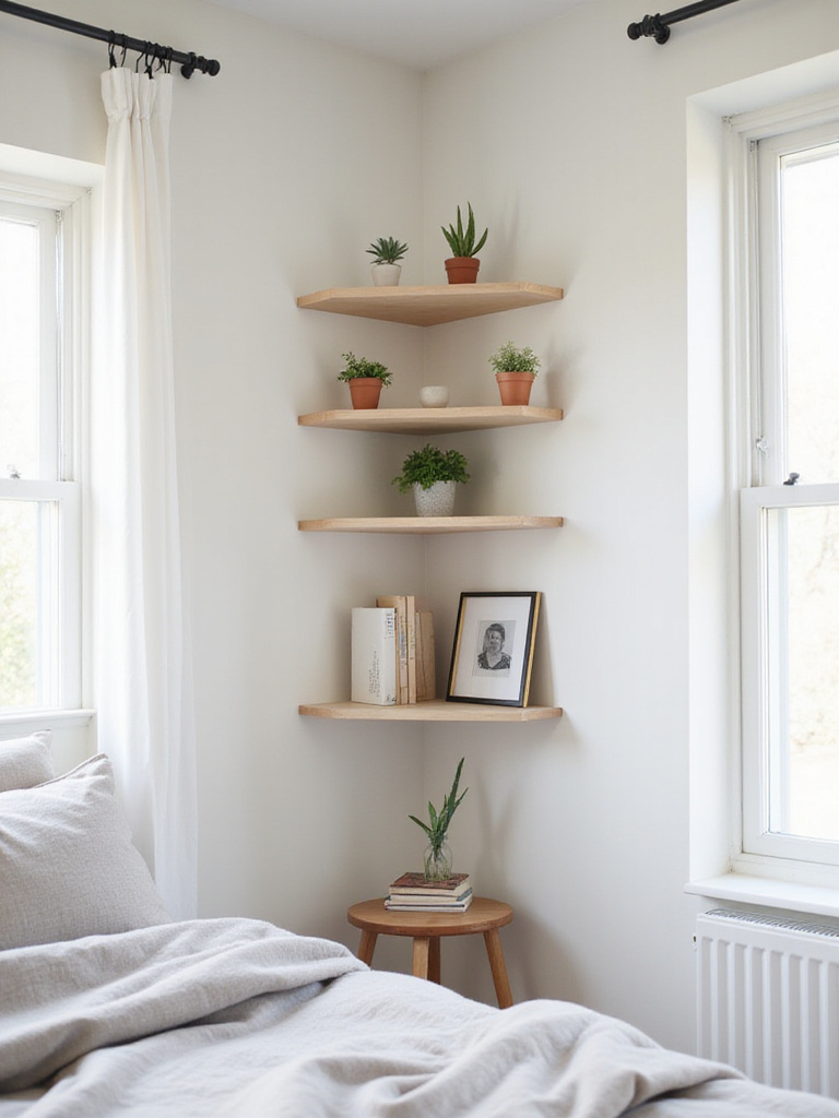 Small bedroom corner with floating wooden shelves displaying plants and books.
