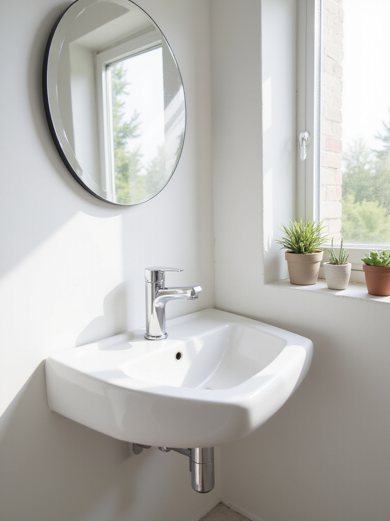 Small bathroom featuring a white corner sink, maximizing space and creating a clean, modern aesthetic.