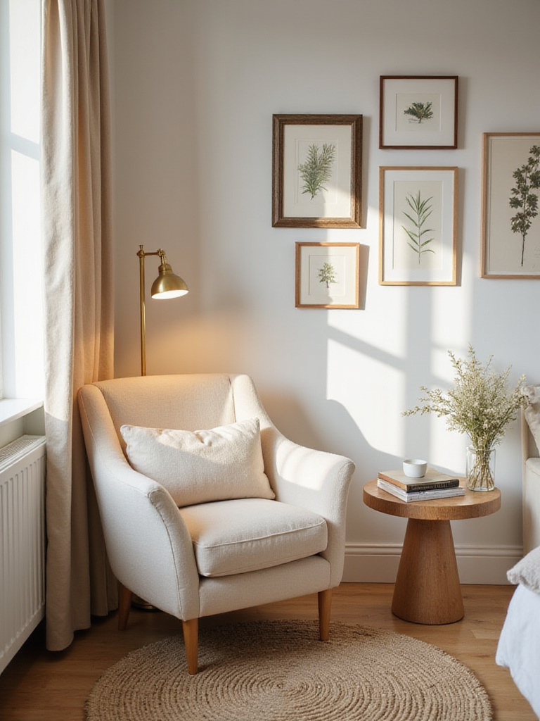 Cozy reading nook in small bedroom corner with armchair, lamp, and books.