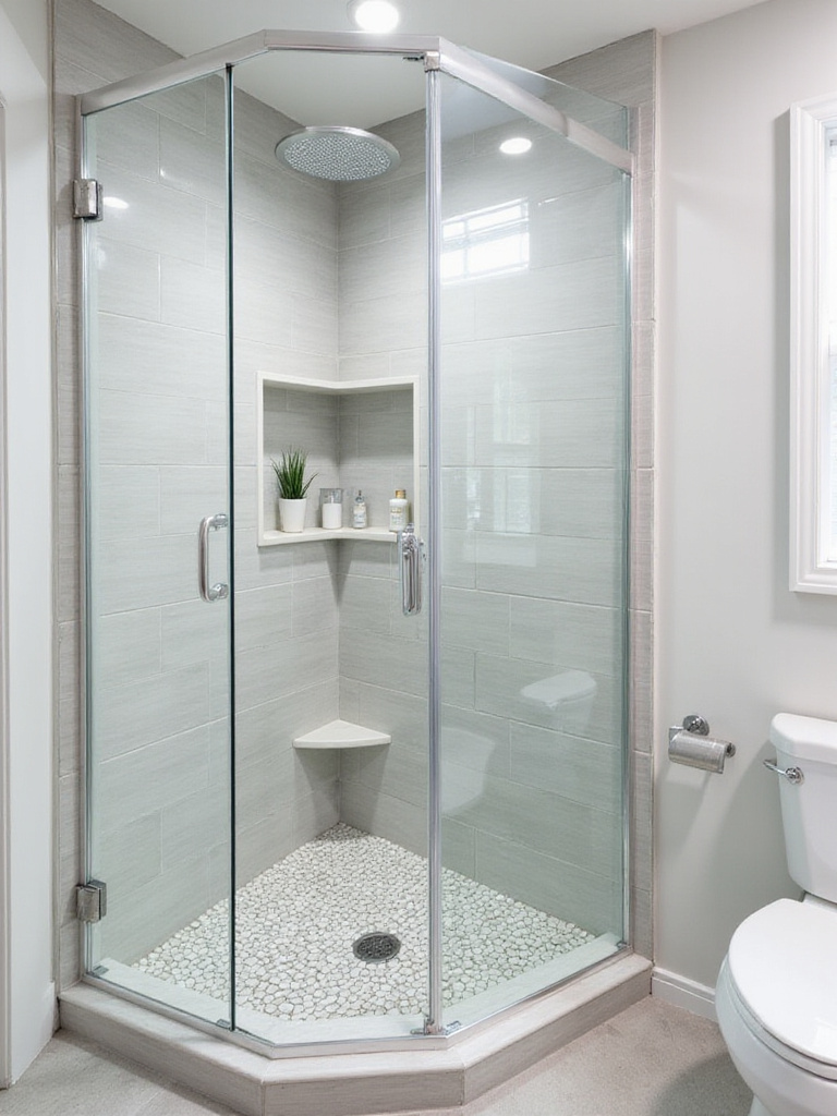 Modern bathroom featuring a frameless glass corner shower with built-in niche for storage.