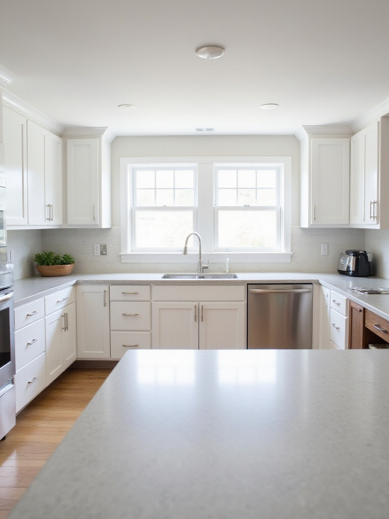 Modern kitchen with white shaker cabinets and light grey quartz countertops
