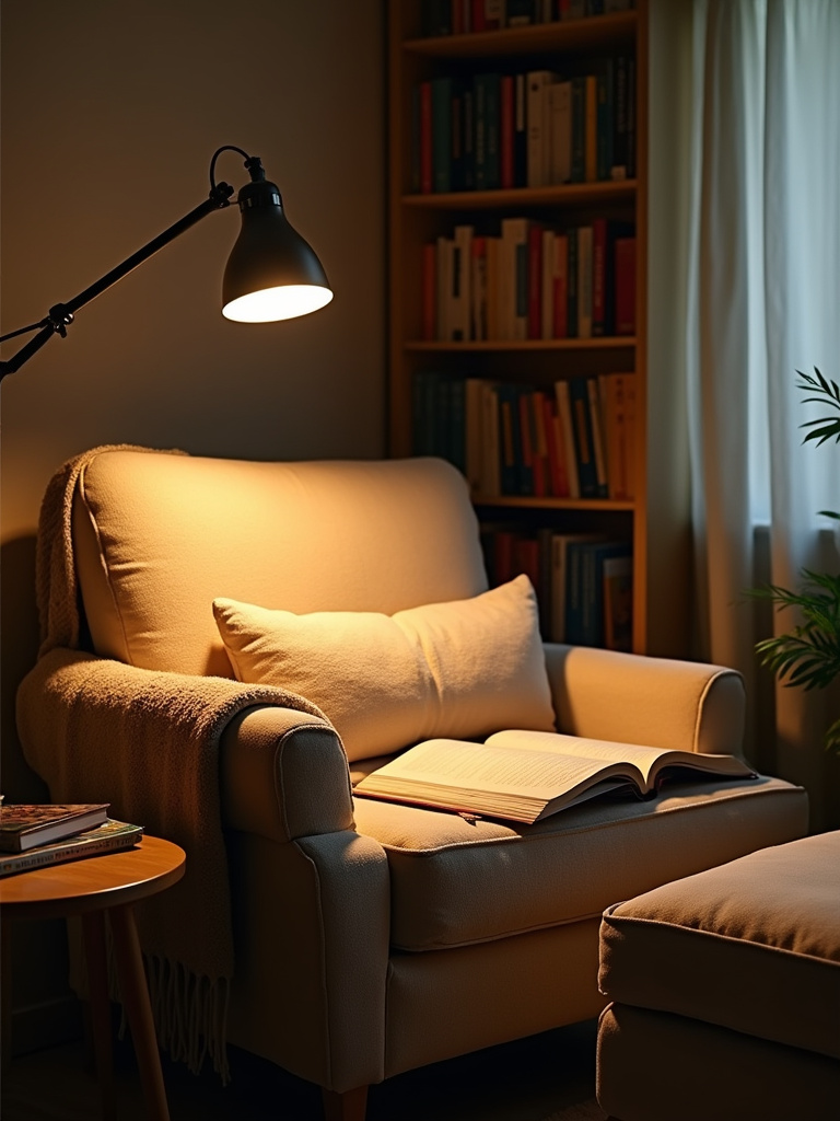Cozy reading nook with focused light from a floor lamp illuminating an open book.