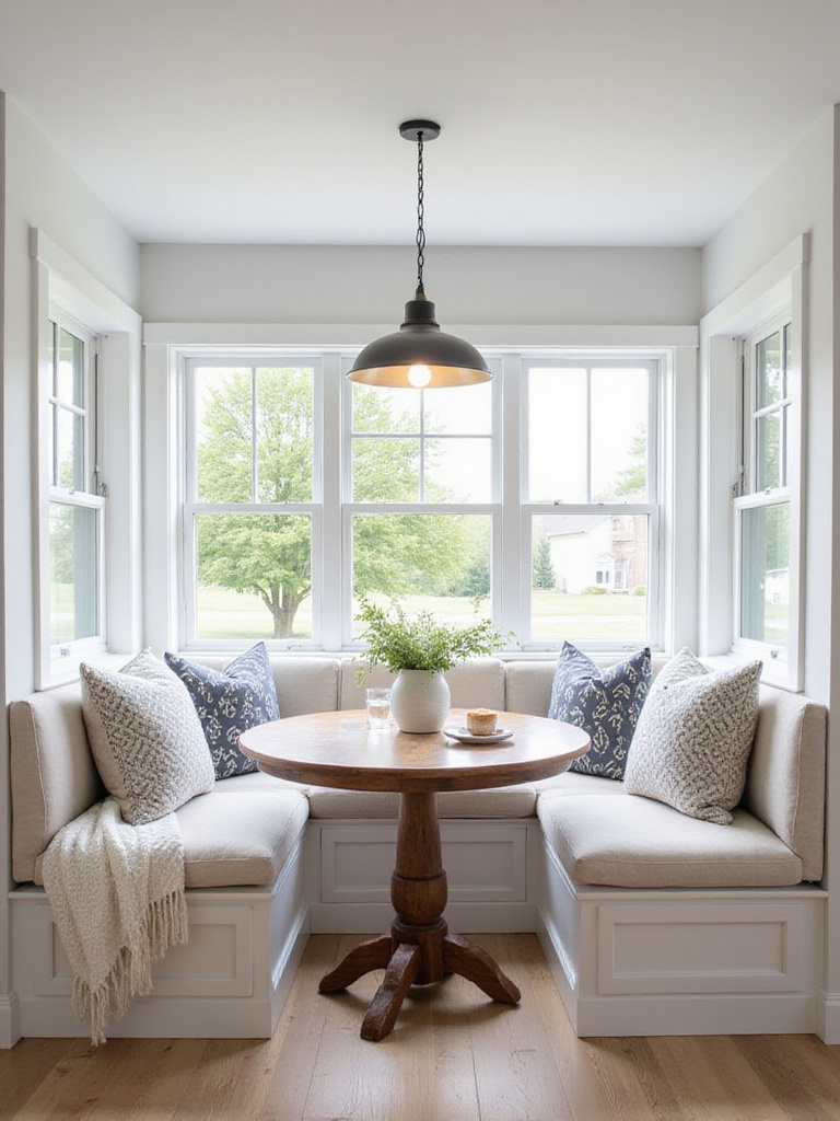 Cozy breakfast nook with banquette seating in a modern farmhouse kitchen