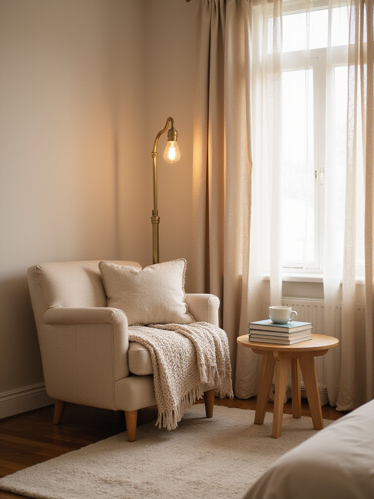 Cozy beige reading nook with comfortable armchair, soft lighting, and warm textures.