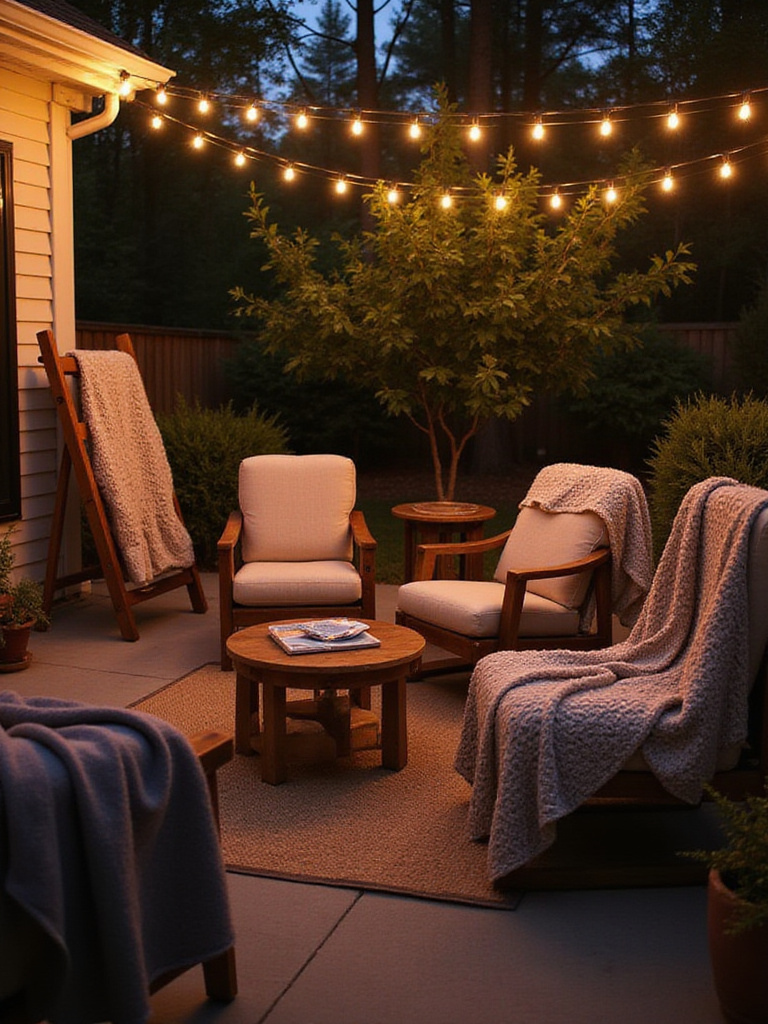 Cozy patio with soft blankets for chilly nights.