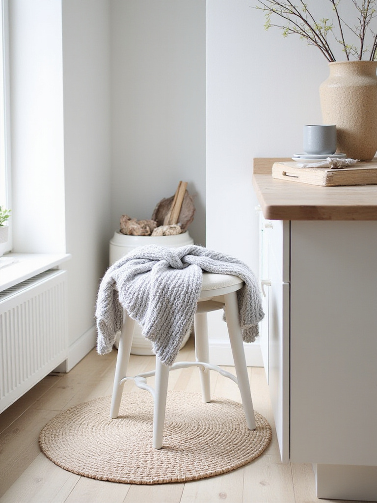 Scandinavian kitchen with woven rug, linen cushion, and knit throw creating a cozy atmosphere.