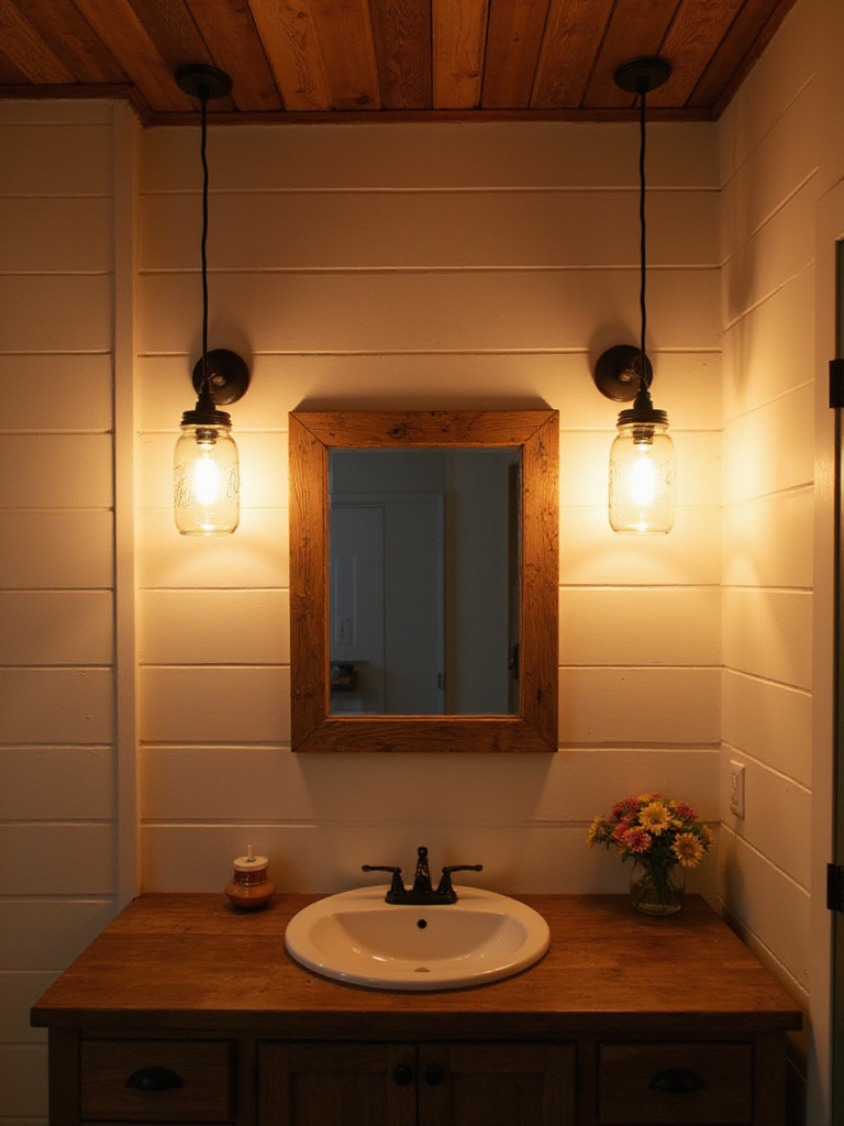 Rustic bathroom with mason jar pendant lights above vanity