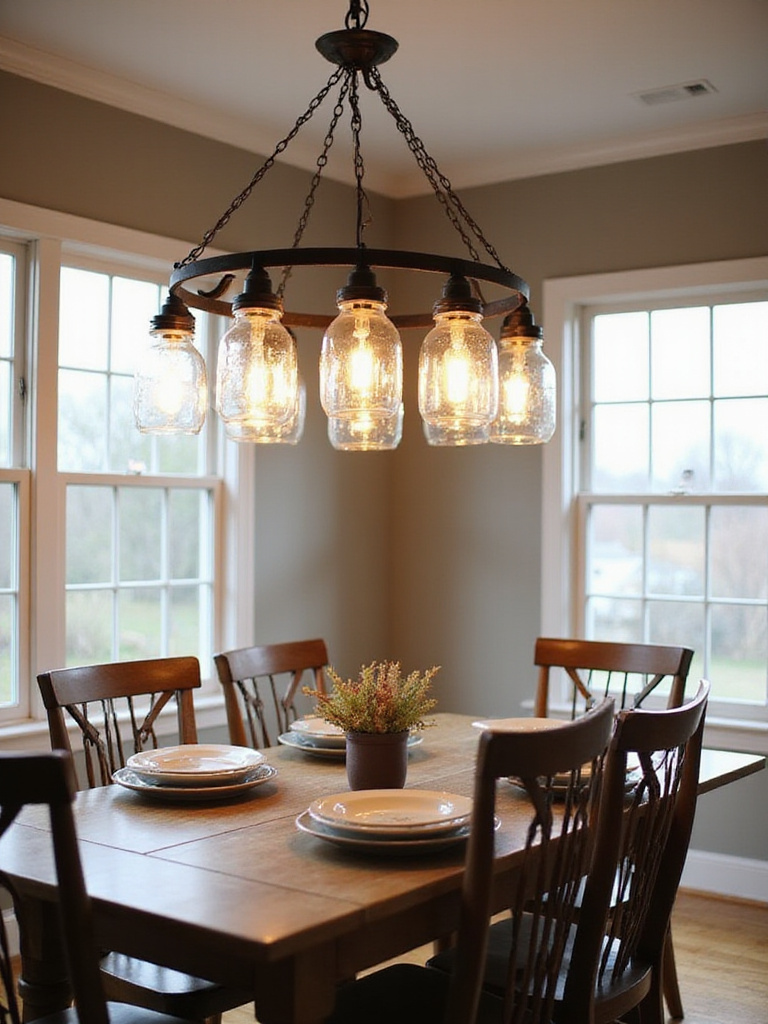 DIY Mason Jar Chandelier in Farmhouse Dining Room