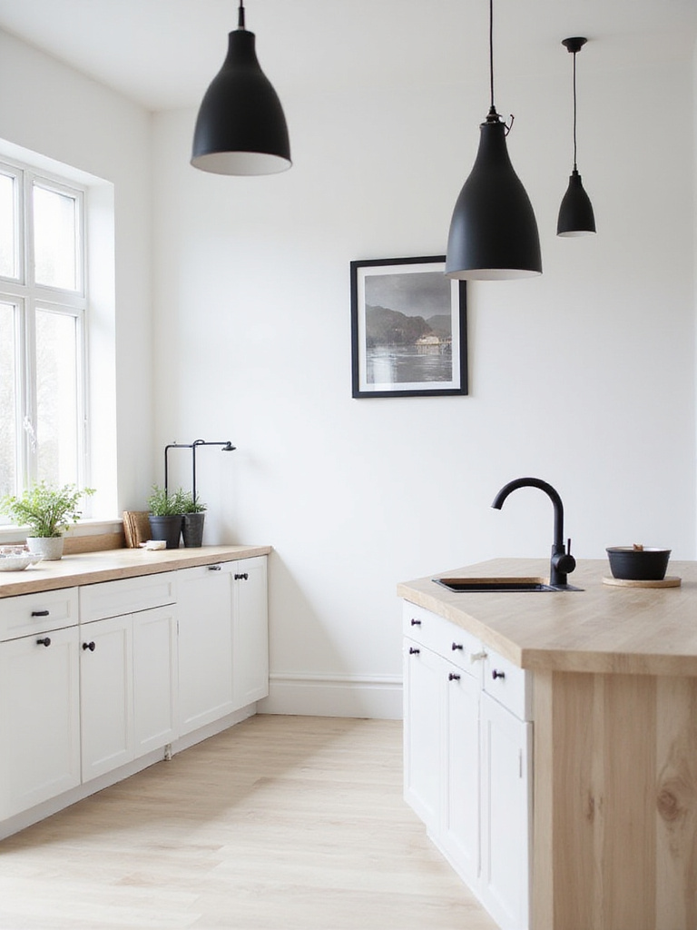 Scandinavian kitchen with white cabinets and black pendant lights