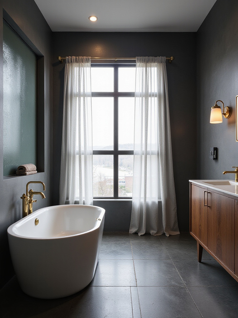 Luxurious dark gray bathroom with white freestanding tub and gold fixtures