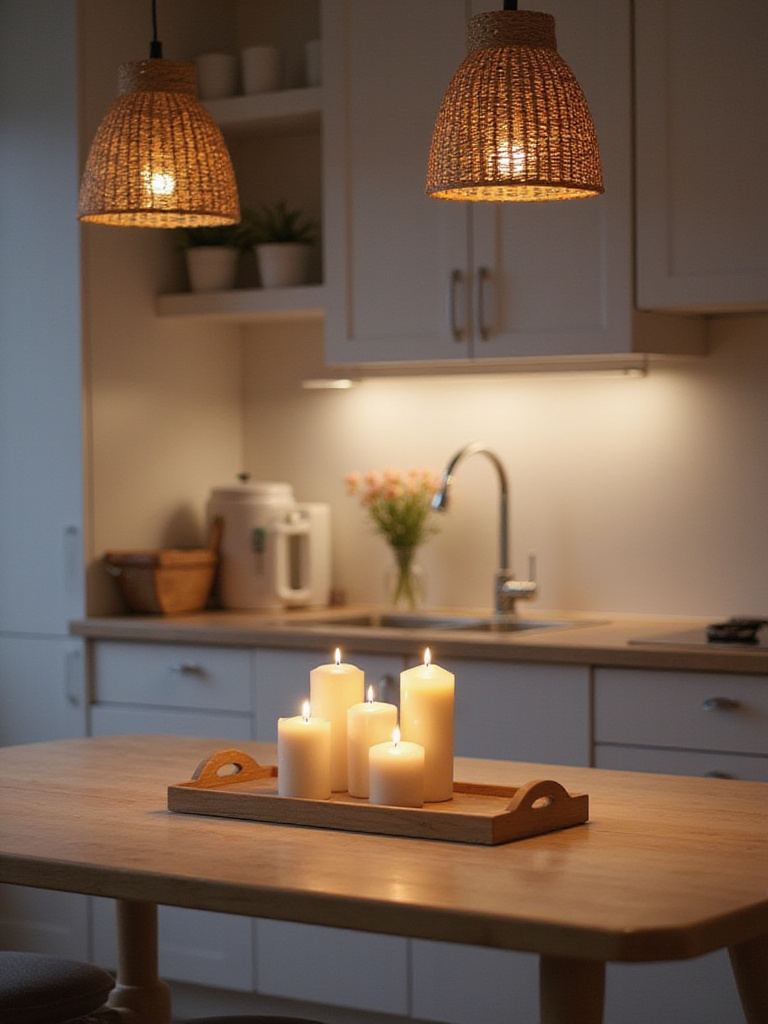 Scandinavian kitchen with warm lighting and candles creating a hygge atmosphere