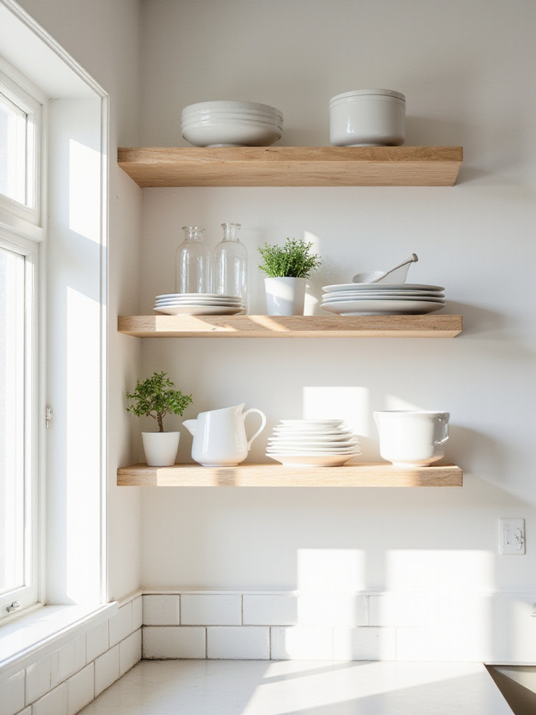 DIY open shelving in a modern kitchen showcasing white dishes and glassware.