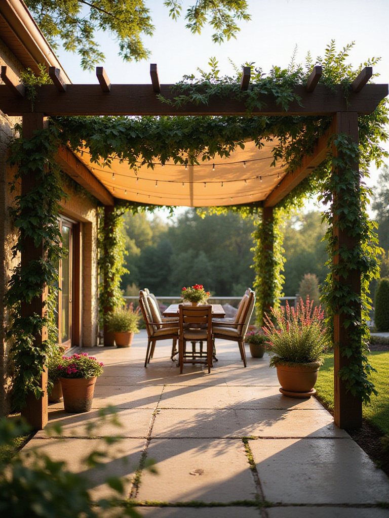 Patio with pergola and retractable awning providing shade and creating a comfortable outdoor living space.