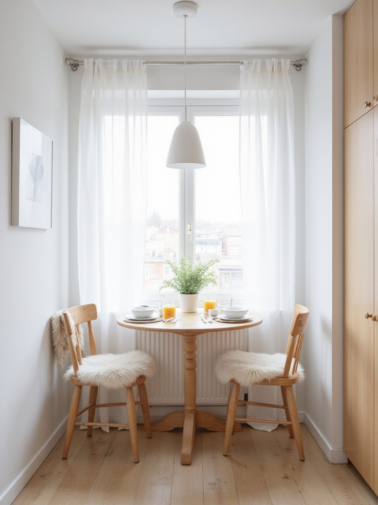 Charming Scandinavian breakfast nook with round table, light wood chairs, and natural light.
