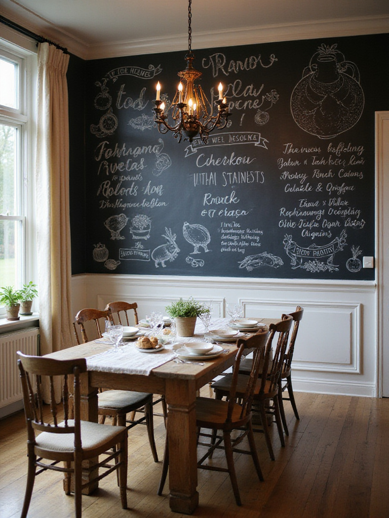Farmhouse dining room with chalkboard wall featuring hand-lettered menu