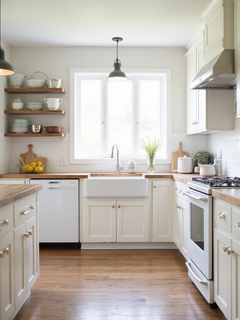 Farmhouse kitchen with white cabinets, apron-front sink, and open shelving.