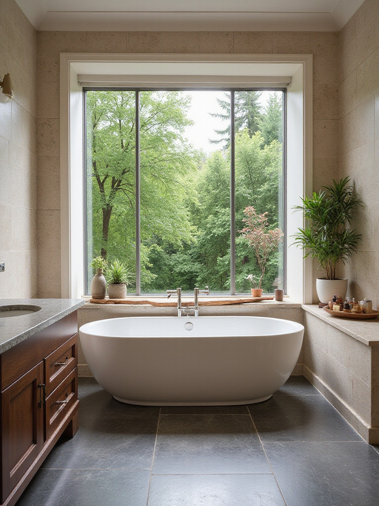 Spa-like bathroom with travertine tiles, natural stone accents, and freestanding tub overlooking a garden
