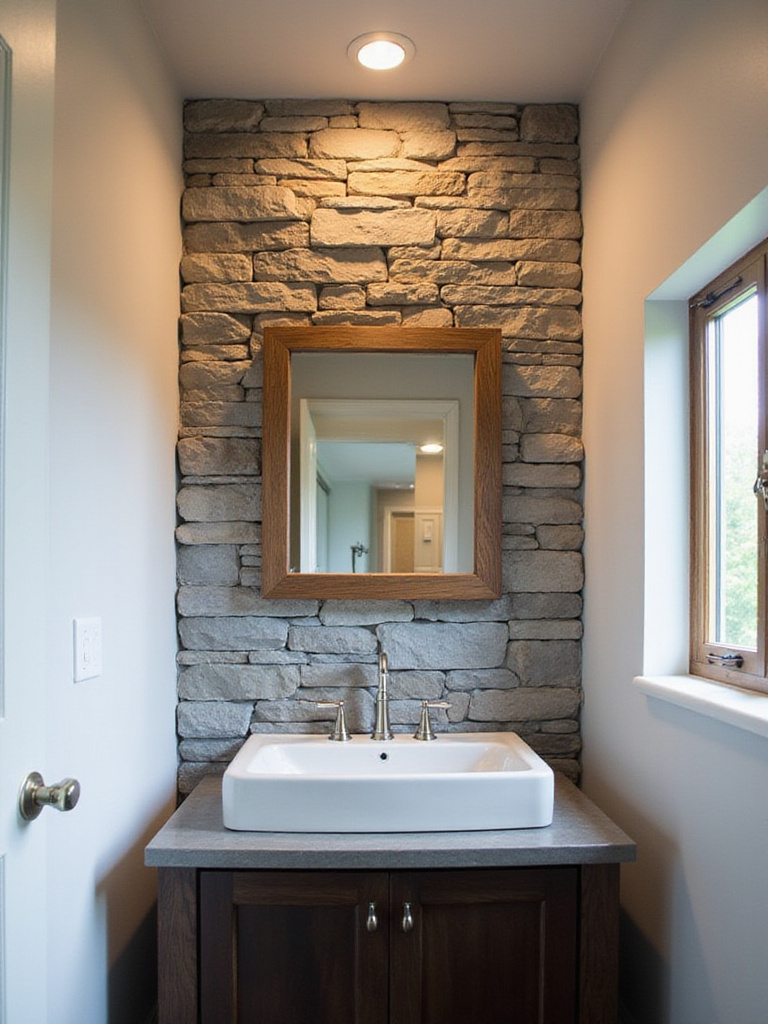Rustic bathroom with stacked slate stone accent wall