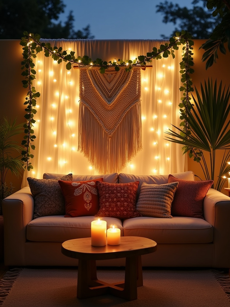 Boho living room with string lights creating a warm and inviting ambiance