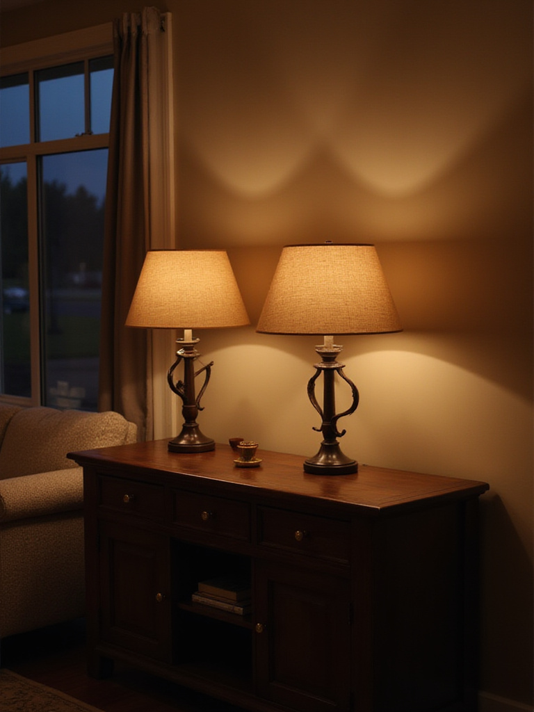 Cozy living room with warm light from dimmable table lamps.
