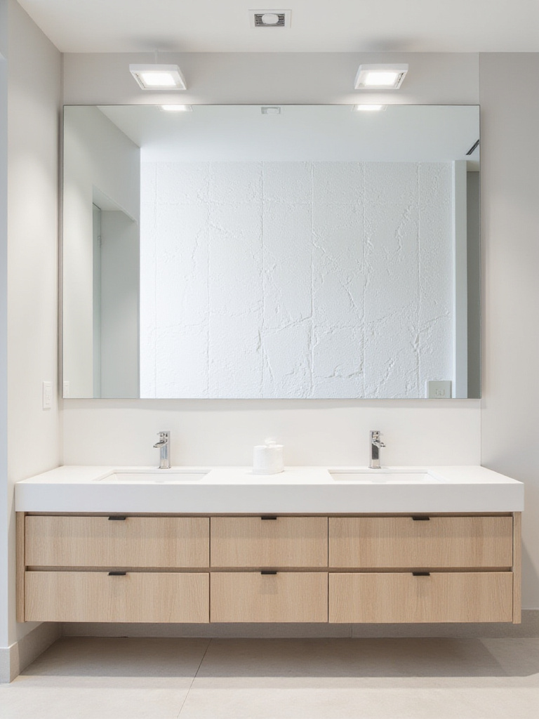 Modern bathroom with oversized frameless rectangular mirror above double vanity