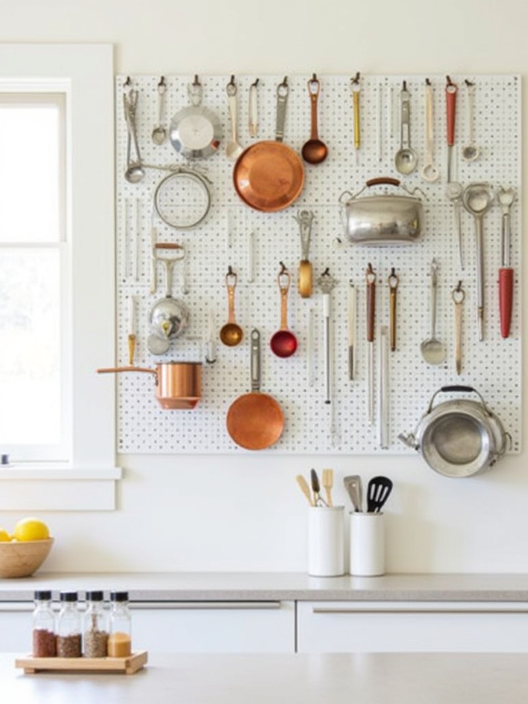 Kitchen pegboard organizer displaying utensils, cookware, and spices.