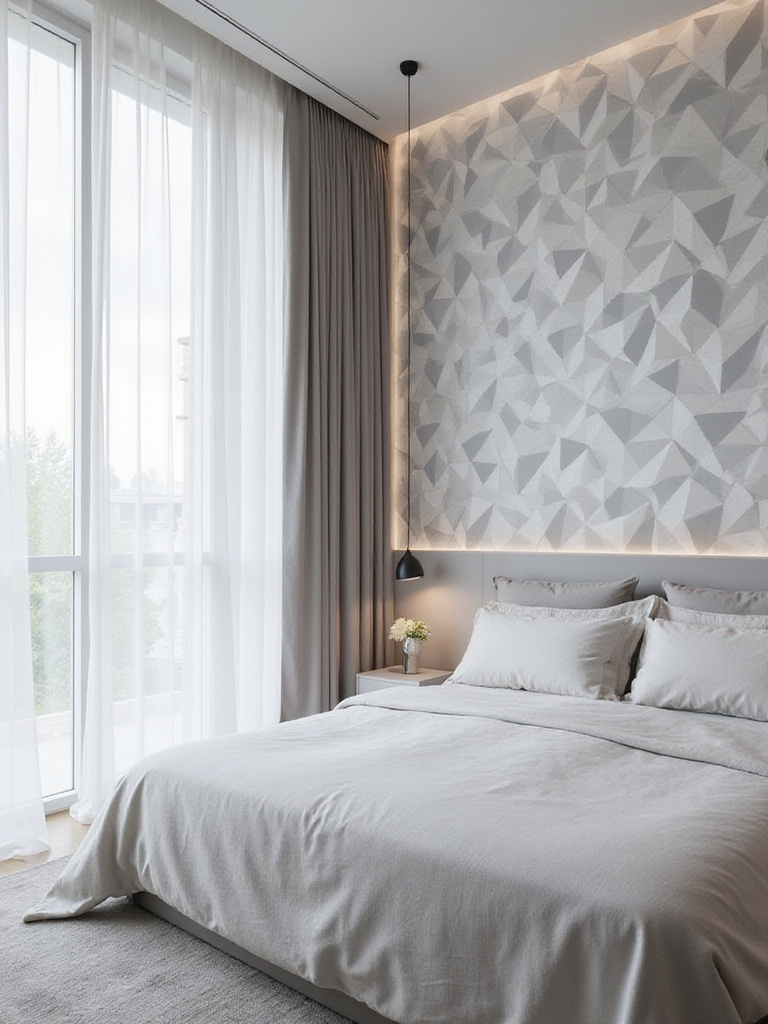 Modern bedroom with geometric 3D wallpaper creating depth and dimension