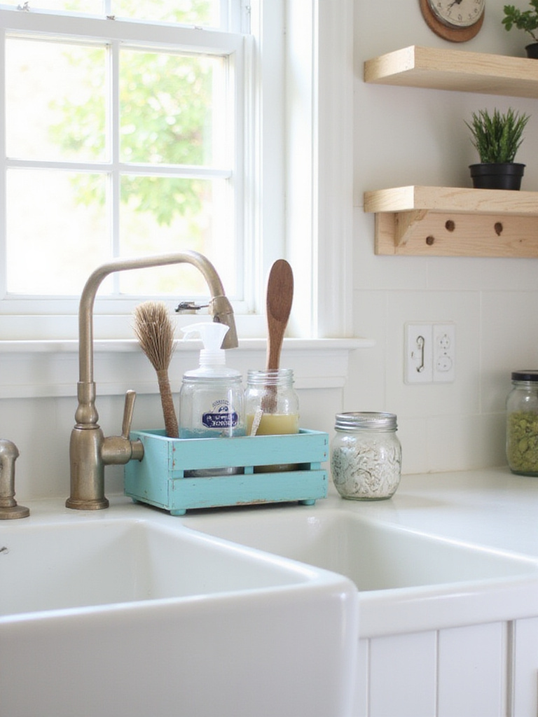 DIY kitchen sink organizer with repurposed silverware caddy, mason jar sponges, and homemade wooden shelf.