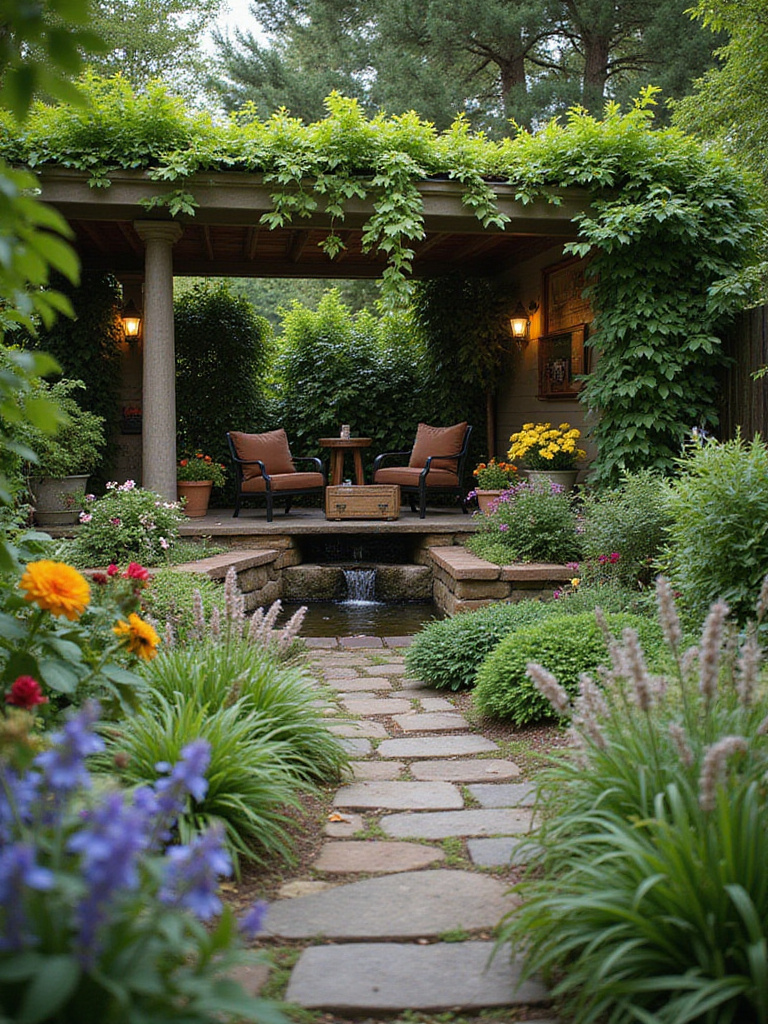 Inviting backyard garden reading nook with lush greenery and water feature.