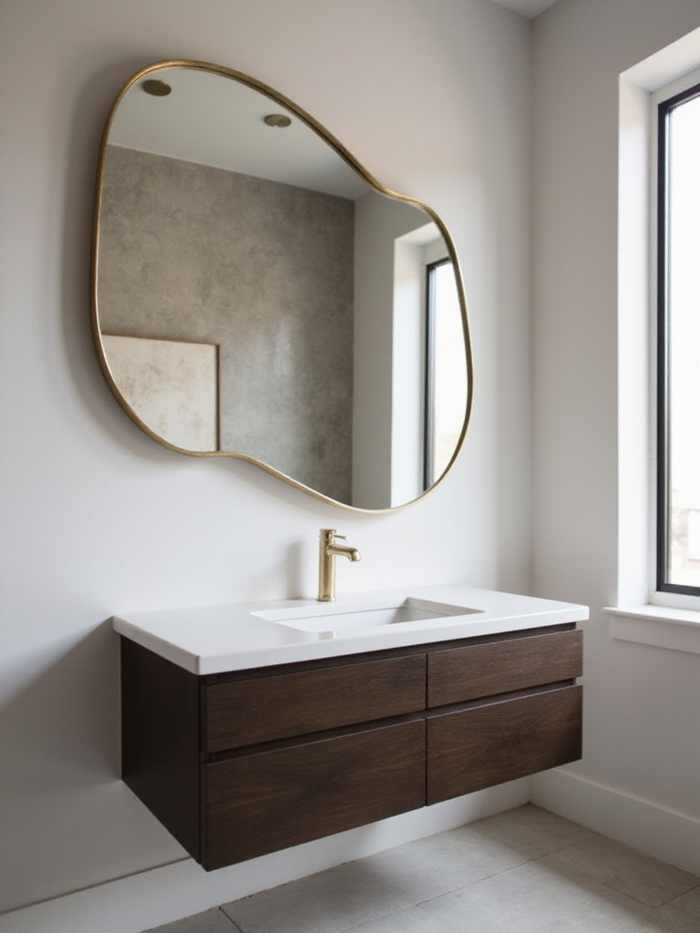 Asymmetrical mirror above modern bathroom vanity