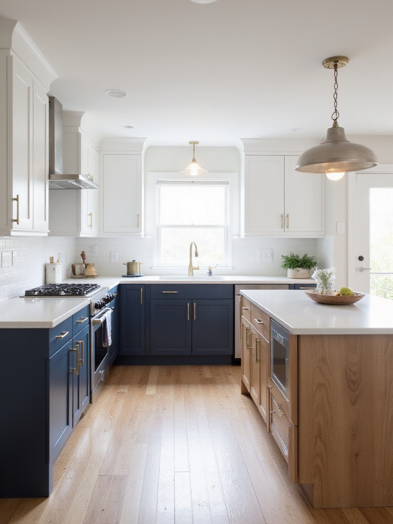 Modern two-tone kitchen with navy blue lower cabinets and white upper cabinets.