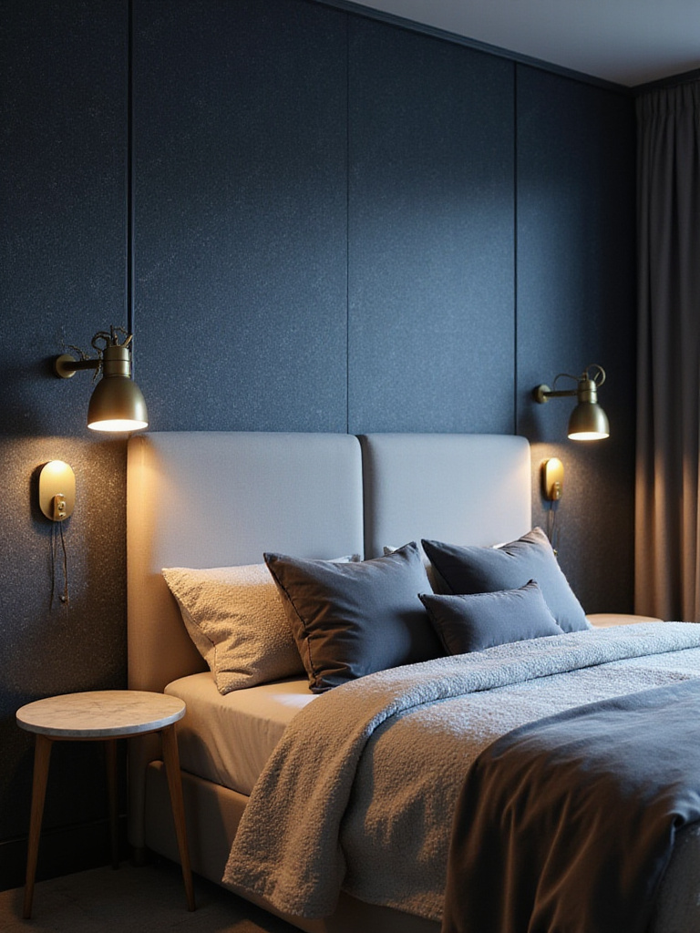 Modern bedroom with dark navy blue geometric wallpaper and light gray upholstered headboard.