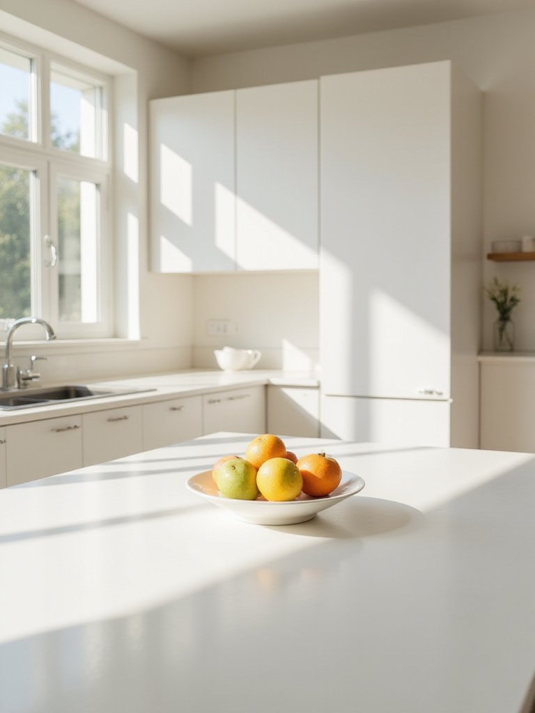 Clean, uncluttered kitchen countertop with fruit bowl