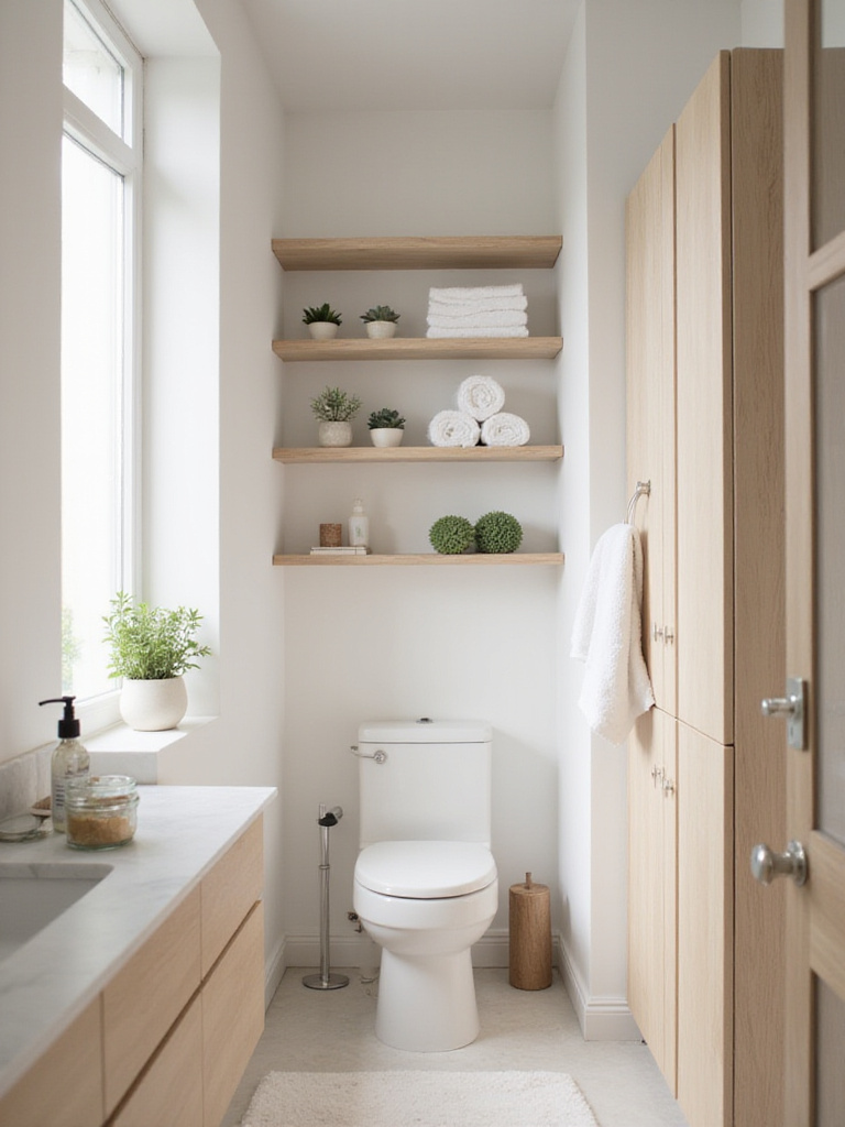Modern bathroom with floating vanity, shelves, and linen cabinet showcasing stylish bathroom storage solutions.