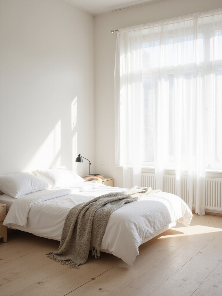 Minimalist bedroom with decluttered surfaces and calming atmosphere.