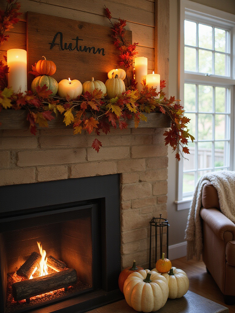 Cozy living room mantel decorated for autumn with pumpkins, fall foliage, and candles.