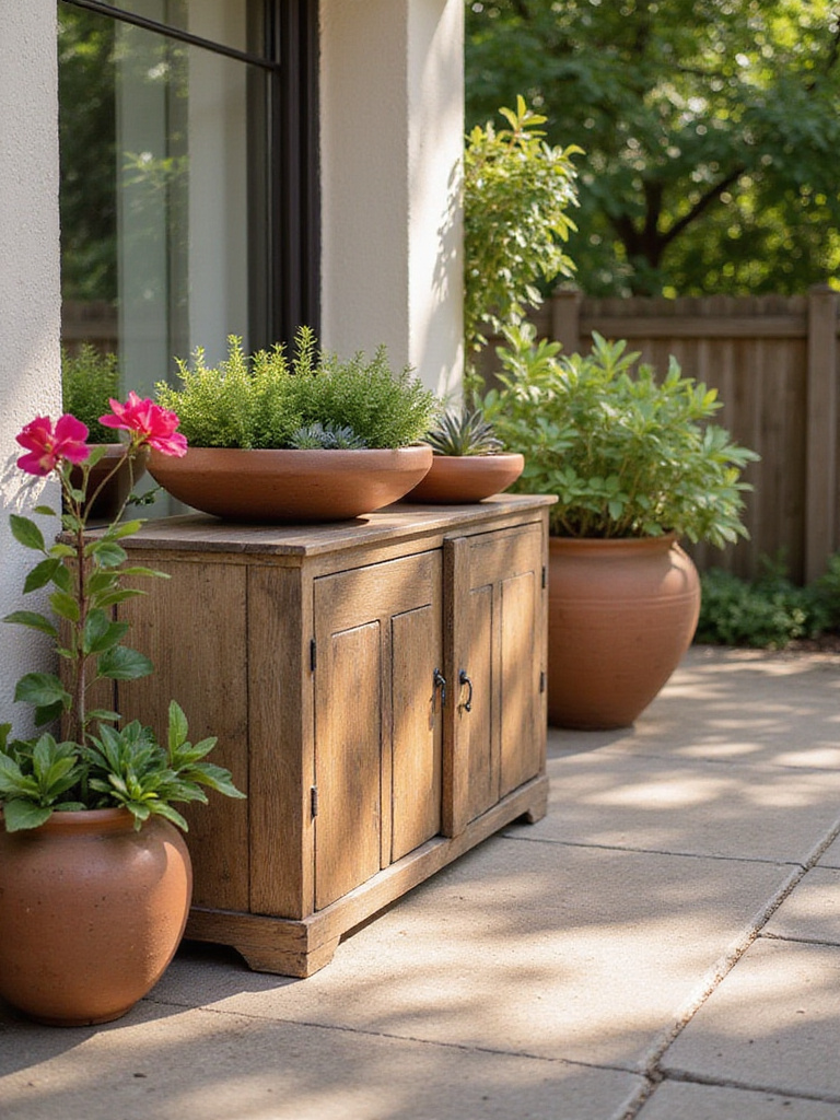 Patio decor featuring terracotta bowl with succulents and ceramic vase with bougainvillea.