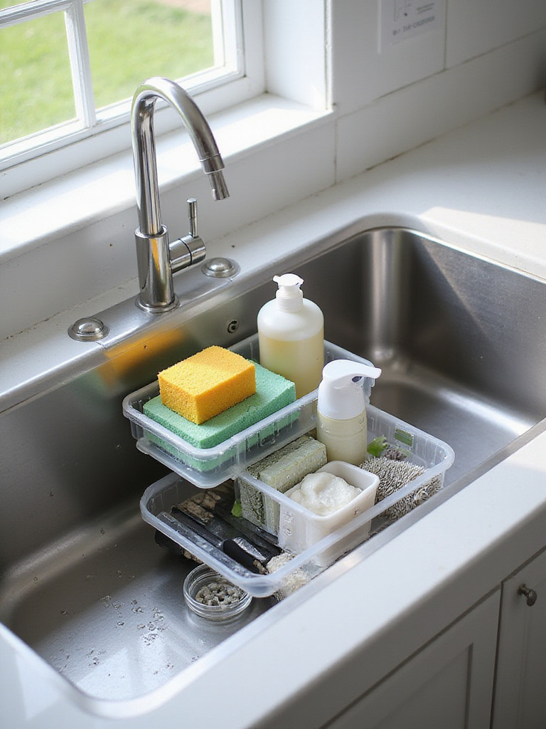 Organized deep stainless steel kitchen sink with tiered caddy and sink shelf, showcasing efficient storage solutions.