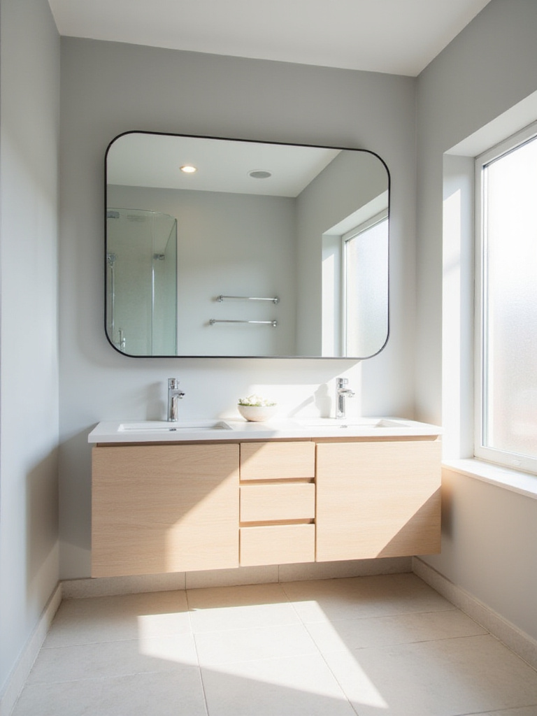 Bathroom with light gray walls, white tile, and a large thin-frame black mirror above a double vanity.
