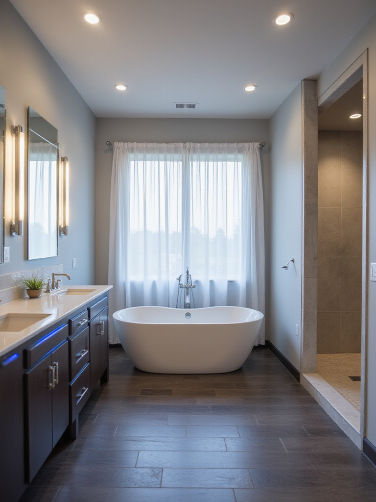 Modern bathroom interior with layered lighting, including vanity lights, recessed lighting, and accent lighting to define zones.