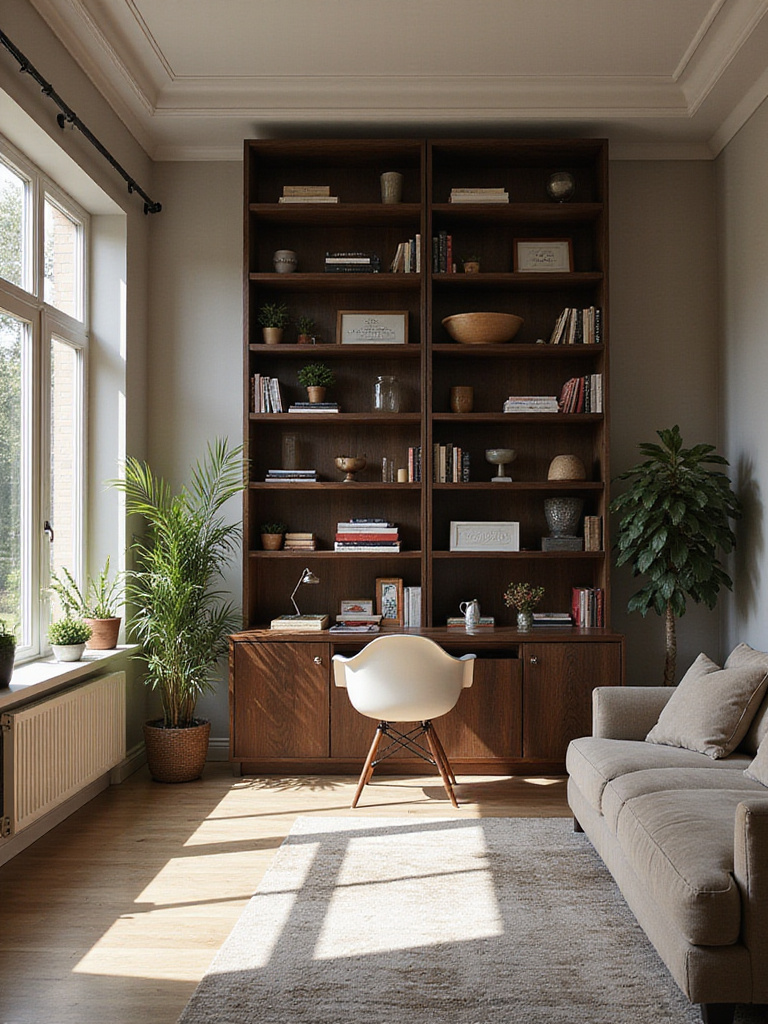 Modern living room divided into seating and office areas with a stylish bookshelf room divider.