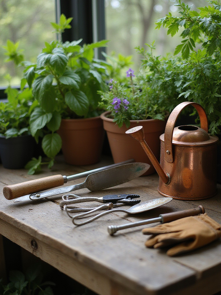 Essential backyard gardening tools neatly arranged on a rustic potting bench